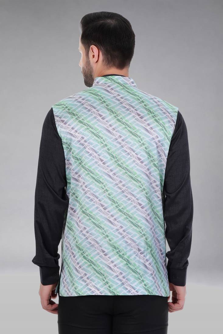 Veera paridhaan men's lahriya print ethnic nehru jacket - green (size 36)