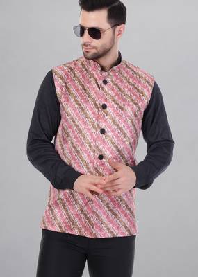  men's lahriya print ethnic nehru jacket - multi pink 1