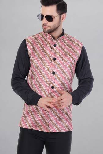  men's lahriya print ethnic nehru jacket - multi pink