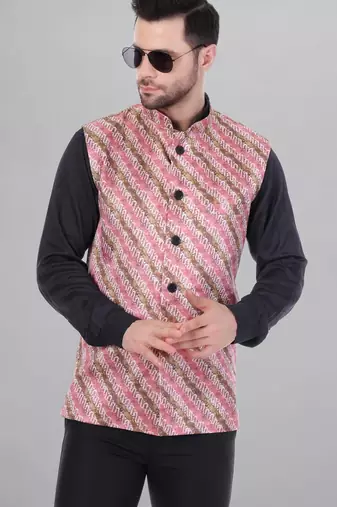  men's lahriya print ethnic nehru jacket - multi pink