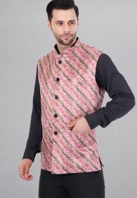  men's lahriya print ethnic nehru jacket - multi pink 2