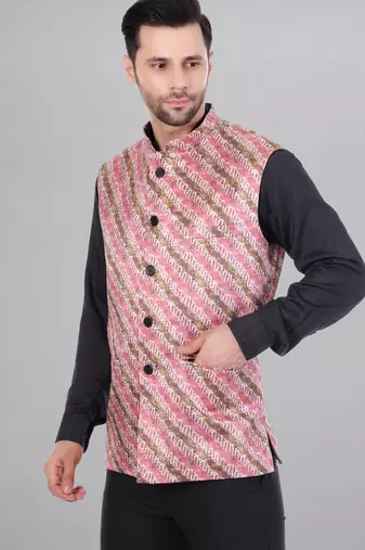  men's lahriya print ethnic nehru jacket - multi pink