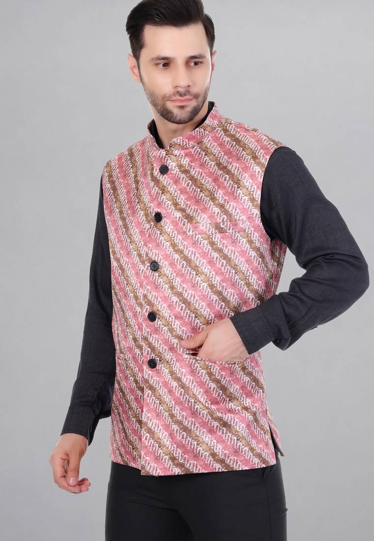  men's lahriya print ethnic nehru jacket - multi pink