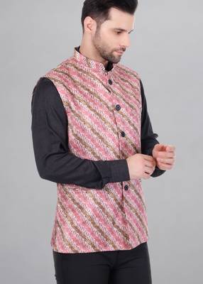  men's lahriya print ethnic nehru jacket - multi pink 3