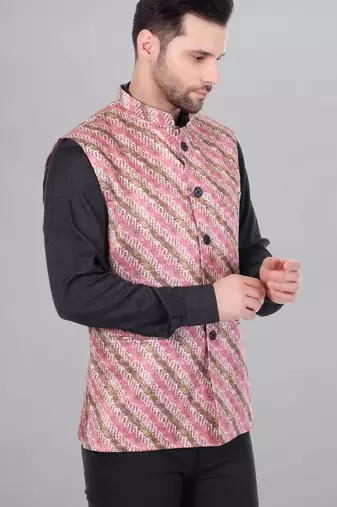  men's lahriya print ethnic nehru jacket - multi pink