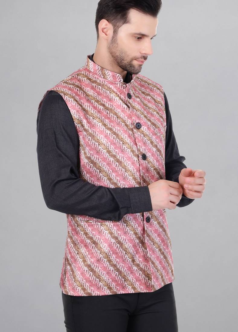  men's lahriya print ethnic nehru jacket - multi pink