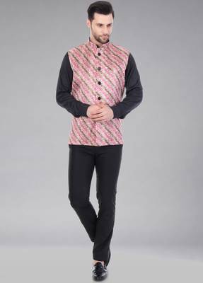  men's lahriya print ethnic nehru jacket - multi pink 4