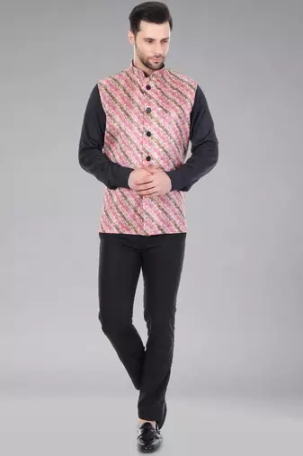  men's lahriya print ethnic nehru jacket - multi pink