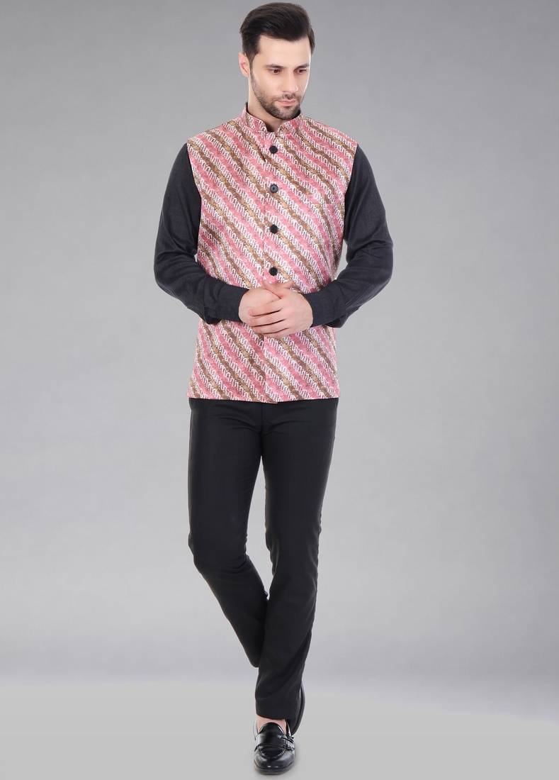  men's lahriya print ethnic nehru jacket - multi pink