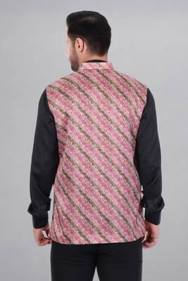  men's lahriya print ethnic nehru jacket - multi pink 5