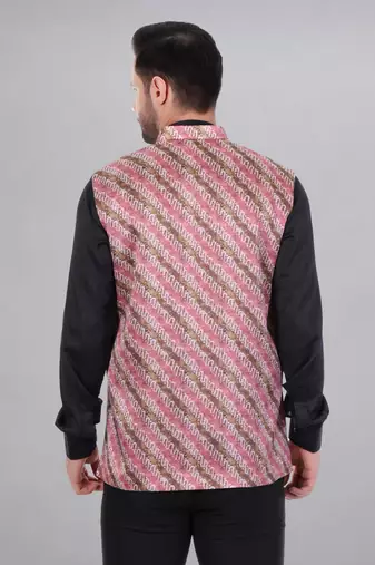  men's lahriya print ethnic nehru jacket - multi pink