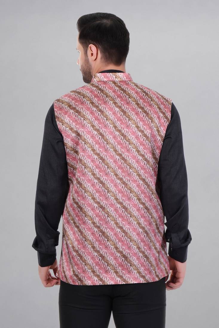  men's lahriya print ethnic nehru jacket - multi pink