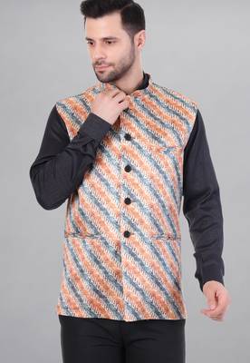  men's lahriya print ethnic nehru jacket - orange blue 1