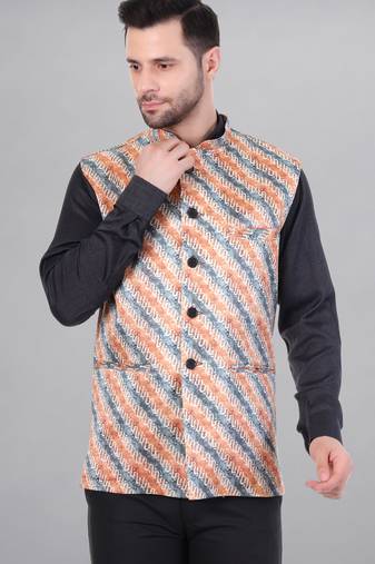  men's lahriya print ethnic nehru jacket - orange blue