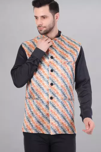  men's lahriya print ethnic nehru jacket - orange blue