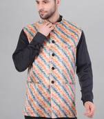  men's lahriya print ethnic nehru jacket - orange blue