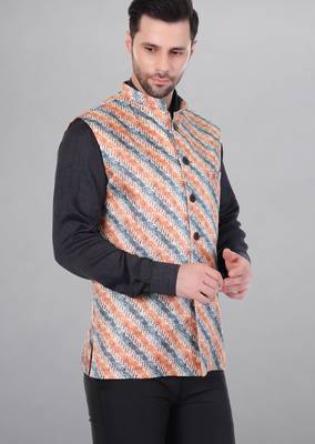 men's lahriya print ethnic nehru jacket - orange blue 2