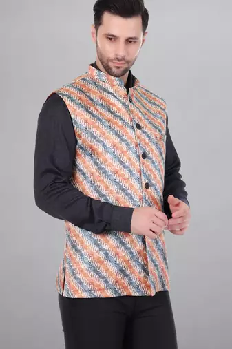  men's lahriya print ethnic nehru jacket - orange blue