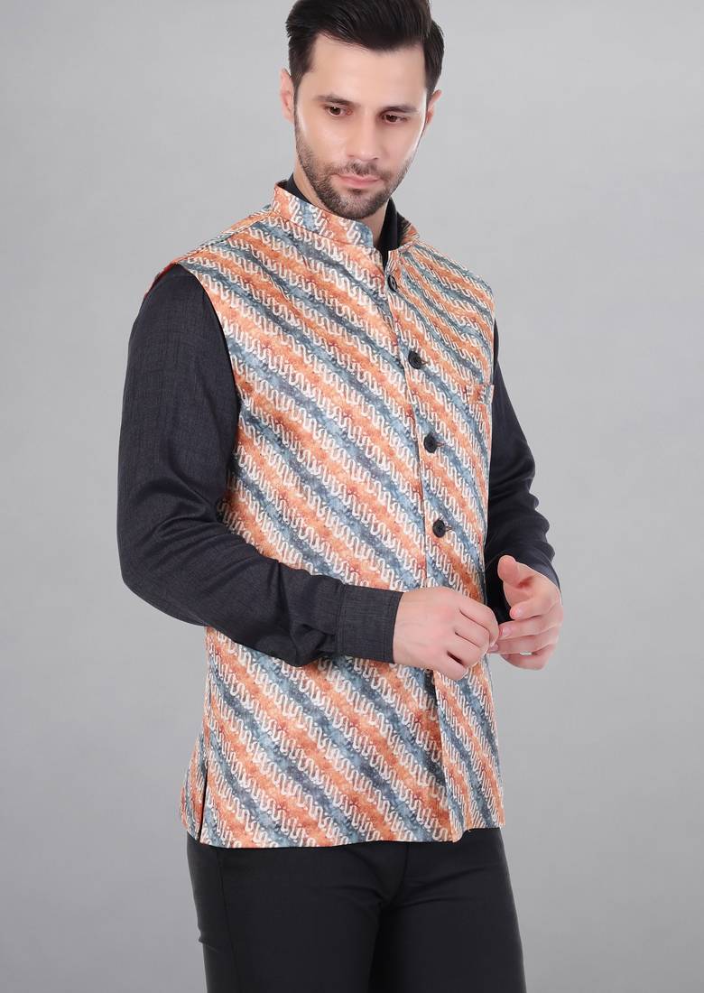  men's lahriya print ethnic nehru jacket - orange blue