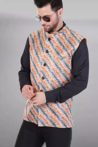 men's lahriya print ethnic nehru jacket - orange blue