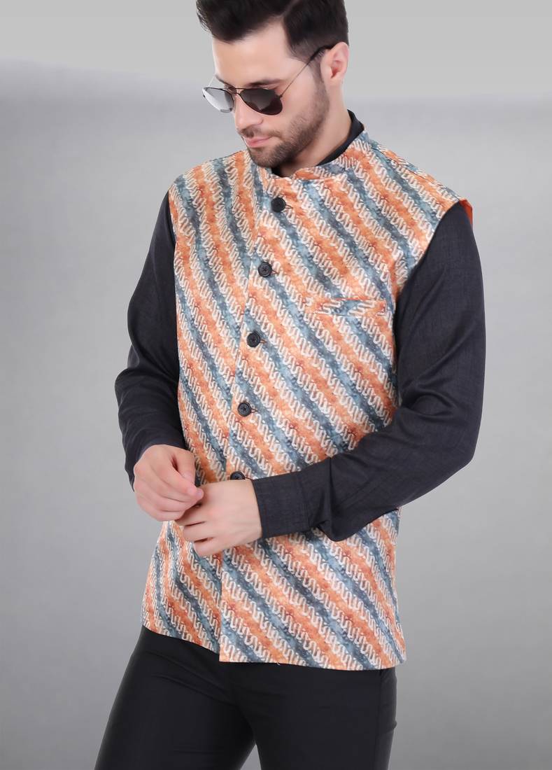  men's lahriya print ethnic nehru jacket - orange blue
