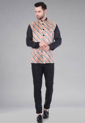  men's lahriya print ethnic nehru jacket - orange blue 4