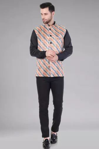  men's lahriya print ethnic nehru jacket - orange blue