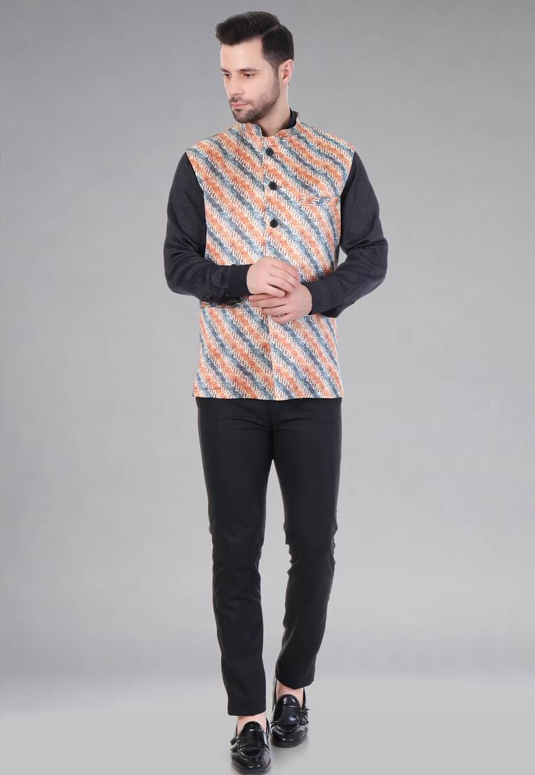  men's lahriya print ethnic nehru jacket - orange blue