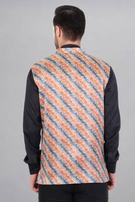  men's lahriya print ethnic nehru jacket - orange blue 5