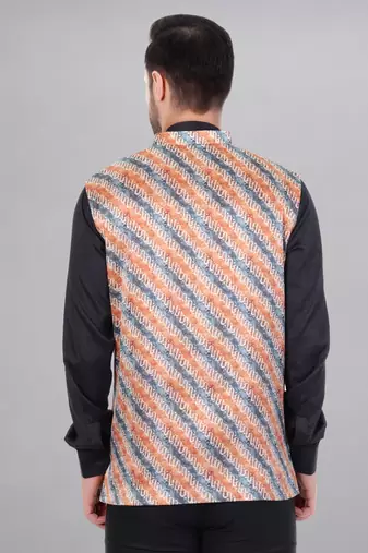  men's lahriya print ethnic nehru jacket - orange blue