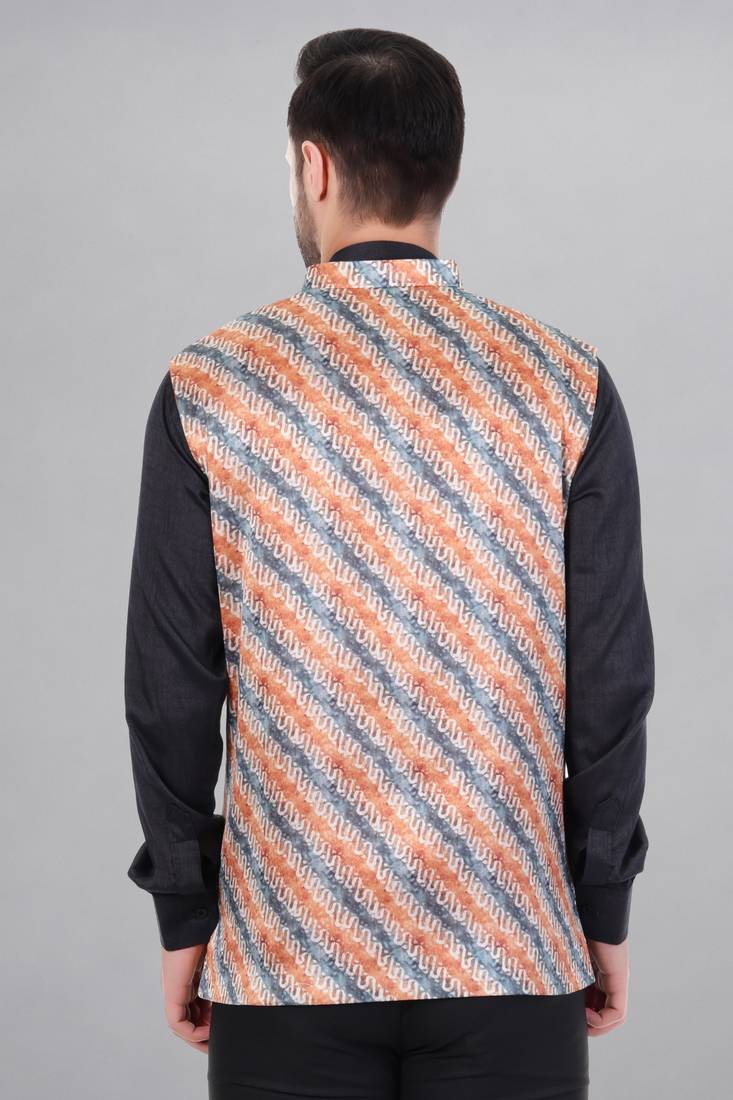  men's lahriya print ethnic nehru jacket - orange blue