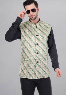  men's lahriya print ethnic nehru jacket - green 1