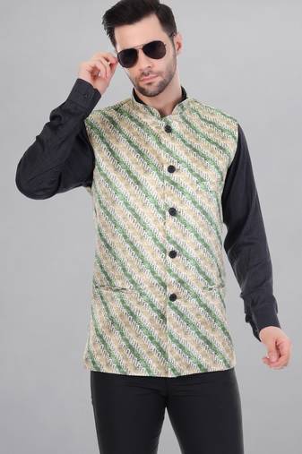  men's lahriya print ethnic nehru jacket - green