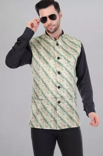  men's lahriya print ethnic nehru jacket - green