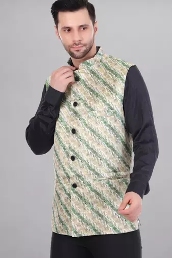  men's lahriya print ethnic nehru jacket - green