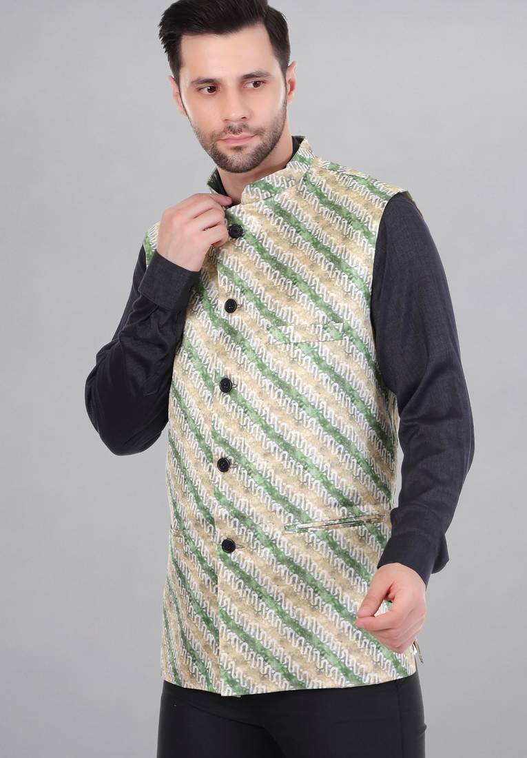  men's lahriya print ethnic nehru jacket - green
