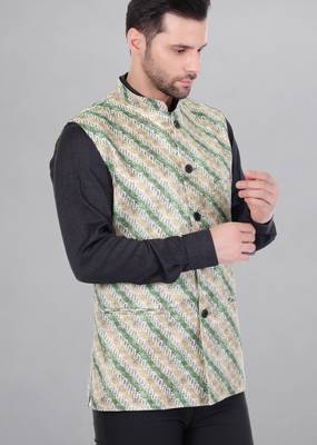  men's lahriya print ethnic nehru jacket - green 3