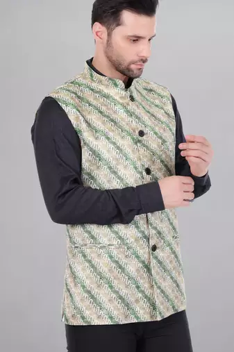  men's lahriya print ethnic nehru jacket - green