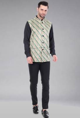  men's lahriya print ethnic nehru jacket - green 4