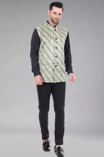  men's lahriya print ethnic nehru jacket - green