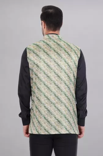  men's lahriya print ethnic nehru jacket - green