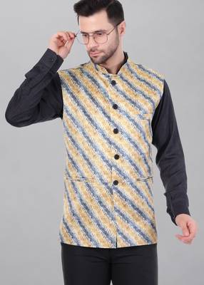  men's lahriya print ethnic nehru jacket - blue yellow 1