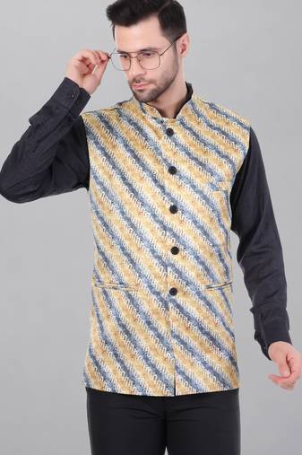  men's lahriya print ethnic nehru jacket - blue yellow