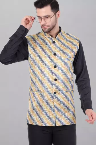  men's lahriya print ethnic nehru jacket - blue yellow