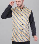  men's lahriya print ethnic nehru jacket - blue yellow