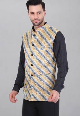  men's lahriya print ethnic nehru jacket - blue yellow 2