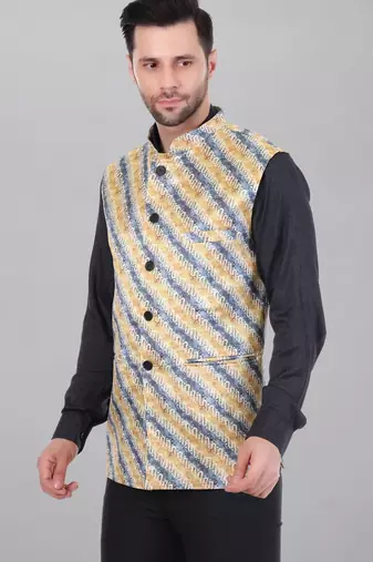  men's lahriya print ethnic nehru jacket - blue yellow