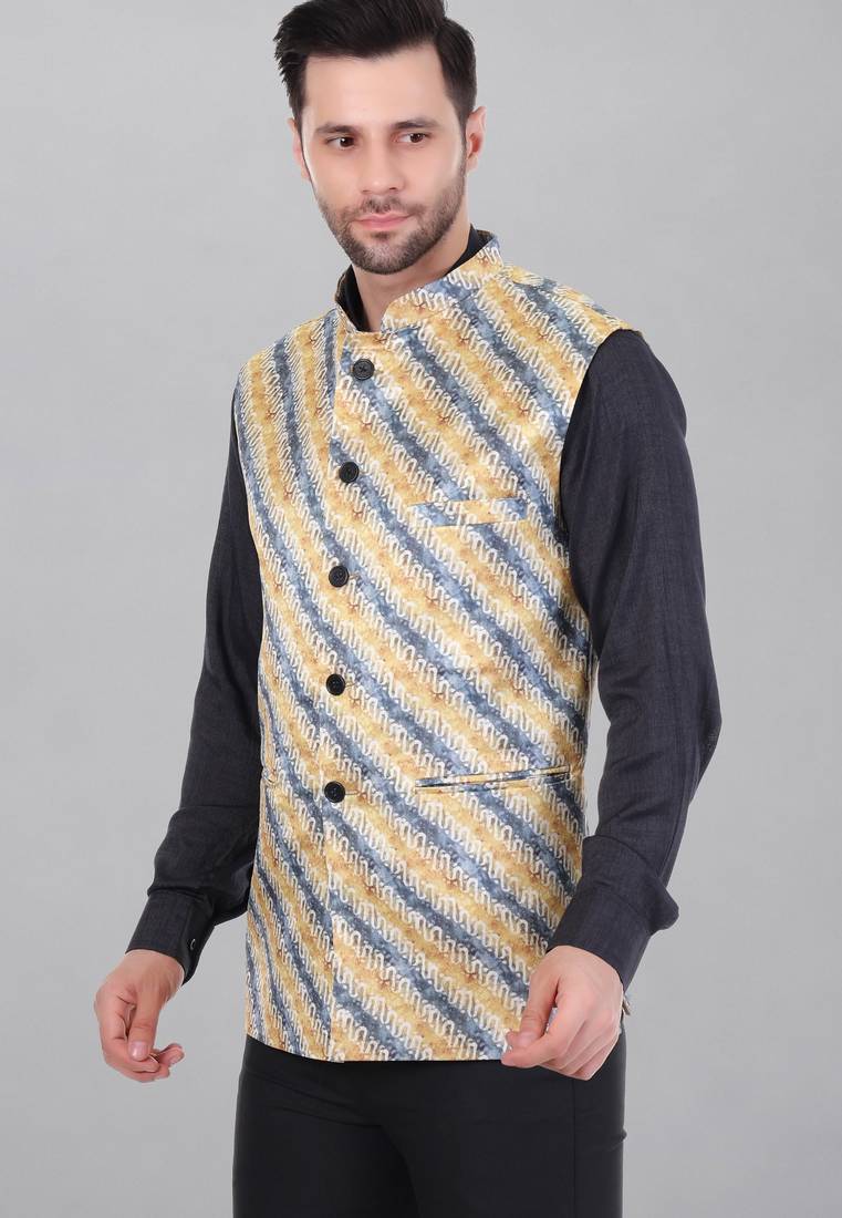  men's lahriya print ethnic nehru jacket - blue yellow