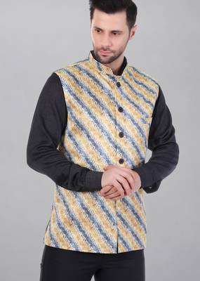  men's lahriya print ethnic nehru jacket - blue yellow 3