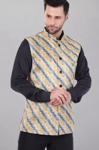  men's lahriya print ethnic nehru jacket - blue yellow